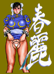 Rule 34 | 1girl, blush, bracelet, breasts, brown eyes, brown hair, capcom, china dress, chinese clothes, chun-li, clothes lift, crotch cutout, crotchless, double bun, dress, female focus, jewelry, kazuki kotobuki, large breasts, legs, panties, pantyhose, shirt lift, solo, spiked bracelet, spikes, standing, street fighter, thighs, thong, underwear