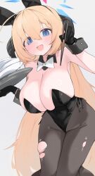 Rule 34 | 1girl, ahoge, akari (blue archive), animal ears, bare shoulders, black leotard, black pantyhose, blonde hair, blue archive, blue eyes, blush, bow, bowtie, breasts, bursting breasts, chopsticks, cleavage, demon horns, detached collar, fake animal ears, halo, highres, holding, holding chopsticks, holding plate, horns, large breasts, leotard, long hair, mikozin, open mouth, pantyhose, pink pupils, plate, playboy bunny, rabbit ears, sideboob, smile, solo, strapless, strapless leotard, symbol-shaped pupils, torn clothes, torn pantyhose, wrist cuffs, x-shaped pupils
