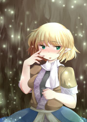 Rule 34 | 1girl, akanbe, bad id, bad pixiv id, blonde hair, blush, eyelid pull, green eyes, hammer (sunset beach), mizuhashi parsee, pointy ears, scarf, short hair, short sleeves, solo, tongue, tongue out, touhou