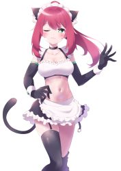Rule 34 | 1girl, ;3, absurdres, alternate costume, animal ear fluff, animal ears, apron, bare shoulders, black choker, black gloves, black skirt, black thighhighs, breasts, bright pupils, cat ears, cat girl, cat tail, choker, chucolala, cleavage, closed mouth, collarbone, crop top, elbow gloves, enmaided, frilled shirt, frilled skirt, frills, garter straps, gloves, green eyes, hand on own hip, highres, hiseki erio, kurosa kichi, large breasts, long hair, looking at viewer, maid, maid apron, maid headdress, midriff, miniskirt, navel, one eye closed, ponytail, red hair, shirt, sidelocks, simple background, skirt, sleeveless, sleeveless shirt, smile, solo, standing, stomach, tail, thighhighs, thighs, virtual youtuber, waist apron, white background, white shirt, wrist cuffs, zettai ryouiki