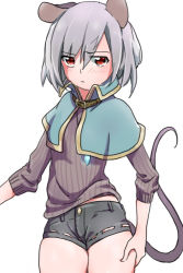 Rule 34 | 1girl, adapted costume, alternate costume, animal ears, bad id, bad pixiv id, blush, capelet, collar, grey hair, jewelry, long sleeves, looking at viewer, mouse ears, mouse tail, nazrin, necklace, red eyes, short hair, shorts, simple background, solo, striped, sweater, tail, touhou, toujou (toujou ramen), white background
