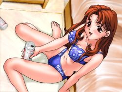 Rule 34 | 1girl, alcohol, barefoot, bed, bedside, beer, beer can, bra, brown eyes, brown hair, budweiser, can, drink can, game cg, houkago ren-ai club, joy ride, lingerie, long hair, non-web source, orihara sanae, panties, sitting, solo, underwear, underwear only