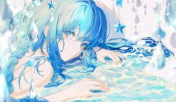 Rule 34 | 1girl, bare back, bare shoulders, blue eyes, braid, commentary, green eyes, hands up, highres, lium, long hair, looking at viewer, lying, on stomach, original, parted lips, shadow, sidelocks, star (symbol), upper body, water