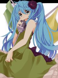 Rule 34 | 1girl, aqua eyes, aqua hair, bad id, bad pixiv id, bare shoulders, bow, dress, flag, flower, frilled dress, frills, green dress, hair flower, hair ornament, hatsune miku, highres, kochira koufuku anshin iinkai desu (vocaloid), long hair, microphone, microphone stand, open mouth, skirt hold, solo, this is the happiness and peace of mind committee (vocaloid), twintails, uryu, very long hair, vintage microphone, vocaloid