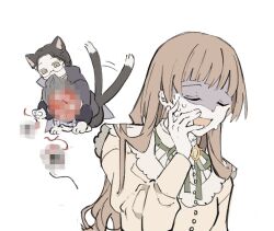 Rule 34 | 1girl, animal ears, animal hands, brown hair, brown skirt, cat ears, cat paws, cat tail, censored, closed eyes, crying, fors wall, gehrman sparrow, klein moretti, long hair, long sleeves, lord of the mysteries, mosaic censoring, mouse (animal), shirt, skirt, tail, yellow shirt, yi yi tiantang