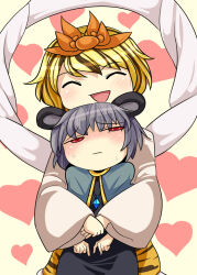 Rule 34 | animal ears, black hair, blonde hair, blush, capelet, closed eyes, closed mouth, commentary request, cowboy shot, crystal, dress, grey capelet, grey dress, grey hair, hagoromo, heart, hospital king, hug, hug from behind, jewelry, long sleeves, medium bangs, mouse ears, mouse girl, multicolored hair, nazrin, nose blush, open mouth, pendant, red eyes, shawl, short hair, smile, streaked hair, toramaru shou, touhou, two-tone hair, wide sleeves