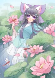 Rule 34 | 1girl, :o, animal ears, black hair, blush, bow, bug, cat ears, dragonfly, flower, guangguang dangya, hair bow, hair ornament, highres, holding, holding flower, insect, japanese clothes, jingju mao, leaf, long hair, long sleeves, looking at viewer, lotus, lotus leaf, open mouth, outdoors, pink flower, purple bow, purple eyes, solo, wide sleeves, xiaoqing (jingju mao)