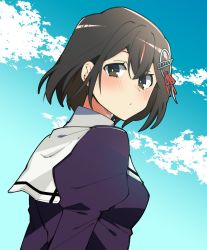 Rule 34 | 1girl, black hair, blush, brown eyes, commentary request, from side, haguro (kancolle), hair between eyes, hair ornament, higaragi, highres, kantai collection, looking at viewer, looking to the side, puffy sleeves, short hair, solo, tagme, upper body