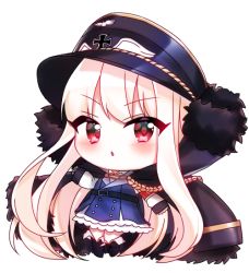 Rule 34 | 1girl, bad id, bad pixiv id, black cape, black footwear, black hat, blue dress, boots, cape, chibi, commentary, cross, dress, full body, fur-trimmed cape, fur trim, girls&#039; frontline, hat, iron cross, kar98k (girls&#039; frontline), knee boots, light brown hair, long hair, long sleeves, looking at viewer, mamel 27, parted lips, peaked cap, pleated dress, red eyes, shirt, simple background, sleeves past wrists, solo, v-shaped eyebrows, very long hair, white background, white shirt