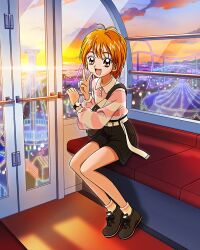 Rule 34 | 1girl, :d, amusement park, artist request, black footwear, casual, cloud, commentary, dusk, english commentary, eyelashes, ferris wheel, ferris wheel interior, futari wa precure, happy, highres, looking at viewer, misumi nagisa, official art, open mouth, orange eyes, orange hair, precure, precure connection puzzlun, shoes, short hair, sitting, sky, smile, solo, third-party source, twilight, v, watch, wristwatch