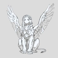 Rule 34 | 1girl, animal ears, bird wings, braid, claws, feathered wings, flower, full body, grey background, greyscale, hair over shoulder, head wreath, human head, lion ears, lion tail, long hair, looking at viewer, monochrome, monster girl, original, side braids, sitting, solo, sphinx, tail, wings, yuzu shio