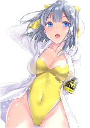 Rule 34 | 1girl, absurdres, arm up, armband, blue eyes, blush, breasts, bulbonne, cleavage, collarbone, competition swimsuit, covered navel, grey hair, hair ornament, hair ribbon, has bad revision, has downscaled revision, high ponytail, highres, large breasts, long hair, long sleeves, looking at viewer, md5 mismatch, one-piece swimsuit, open clothes, open mouth, open shirt, original, ponytail, resolution mismatch, ribbon, shirt, simple background, solo, source smaller, star (symbol), star hair ornament, swimsuit, swimsuit under clothes, white background, white shirt, yellow one-piece swimsuit, yellow ribbon