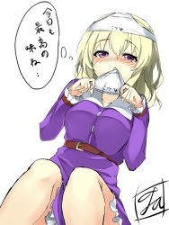 Rule 34 | 1girl, belt, blonde hair, blush, breasts, buttons, clothes theft, clothes writing, collarbone, dress, female pervert, frilled sleeves, frills, hair between eyes, highres, holding, holding clothes, holding panties, holding underwear, long sleeves, maribel hearn, medium breasts, mouth hold, nose blush, object on head, panties, panties on head, pervert, purple dress, purple eyes, signature, simple background, solo, theft, thought bubble, tirotata, touhou, translation request, underwear, underwear theft, white background, white panties