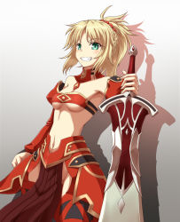 Rule 34 | 1girl, armor, bandeau, blonde hair, breasts, clarent (fate), detached sleeves, fate/apocrypha, fate/grand order, fate (series), faulds, green eyes, grin, highres, md5 mismatch, midriff, mordred (fate), mordred (fate/apocrypha), navel, no panties, ponytail, raodekiya, small breasts, smile, solo, strapless, sword, tube top, weapon