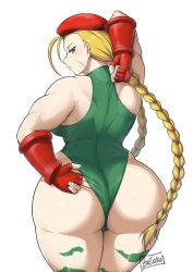 Rule 34 | 1girl, adjusting clothes, ass, back, bare shoulders, batako (batakoart), blonde hair, blue eyes, bodypaint, breasts, cammy white, camouflage, capcom, curvy, fingerless gloves, gloves, green leotard, hat, highleg, highleg leotard, highres, huge ass, large breasts, leotard, lips, looking back, muscular, muscular female, red gloves, red hat, scar, scar on face, signature, solo, street fighter, thick thighs, thighs, toned, wedgie, wide hips