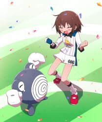 Rule 34 | 1girl, blush, brown hair, clenched hands, closed eyes, confetti, creatures (company), crossover, game freak, gen 1 pokemon, gloves, gym challenge uniform, highres, kill me baby, nintendo, open mouth, oribe yasuna, pokemon, pokemon (creature), pokemon swsh, poliwhirl, red footwear, shoes, short hair, shorts, single glove, socks, standing, tears, white shorts, yachima tana
