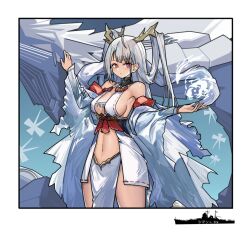 Rule 34 | 1girl, bra, breasts, chinese commentary, closed mouth, cowboy shot, dragon horns, hair on horn, halterneck, horns, japanese clothes, kuroinu9, large breasts, long hair, looking at viewer, midriff, off shoulder, pelvic curtain, red eyes, shimanto (azur lane), sideboob, sidelocks, solo, underwear, white hair, world of warships