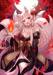Rule 34 | 1girl, :d, animal ears, autumn leaves, bare shoulders, black kimono, blurry, blurry background, blurry foreground, bow, breasts, brown bow, cleavage, commentary request, depth of field, fang, fingernails, fire, flower, fox ears, fox girl, fox tail, full moon, grey hair, hair bun, hair flower, hair ornament, hair stick, head tilt, highres, japanese clothes, kimono, kitsune, kyuubi, large breasts, leaf, long fingernails, long hair, looking at viewer, maple leaf, moon, multiple tails, nail polish, night, night sky, off shoulder, open mouth, original, outdoors, red eyes, red flower, red nails, red ribbon, reel (riru), ribbon, sharp fingernails, single hair bun, sky, smile, solo, star (sky), starry sky, striped, striped bow, tail, thigh strap