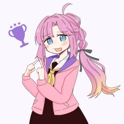 Rule 34 | 1girl, absurdres, ahoge, amado (amaddo club), anyoji hime, black ribbon, blonde hair, blue eyes, blunt bangs, blush, brown dress, collarbone, commentary request, dress, gradient hair, hair ribbon, hasu no sora school uniform, highres, index fingers together, jacket, link! like! love live!, long hair, long sleeves, looking at viewer, love live!, multi-tied hair, multicolored hair, neckerchief, open clothes, open jacket, open mouth, pink hair, pink jacket, ponytail, ribbon, sailor collar, sailor dress, school uniform, simple background, solo, swept bangs, upper body, white background, white sailor collar, winter uniform, yellow neckerchief
