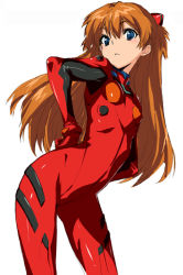 Rule 34 | 1girl, arched back, blue eyes, cowboy shot, from side, frown, hair between eyes, hands on own hips, kawata hisashi, latex, looking at viewer, neon genesis evangelion, orange hair, parted bangs, plugsuit, shiny clothes, simple background, skin tight, solo, souryuu asuka langley, two side up, white background