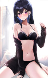 Rule 34 | 1girl, absurdres, bad id, bad twitter id, black bra, black hair, black panties, black shirt, blue hair, blush, bra, breasts, cleavage, closed mouth, clothes down, colored inner hair, ear piercing, highres, long hair, long sleeves, looking at viewer, medium breasts, mole, mole on body, mole on breast, mole on thigh, mole under eye, multicolored hair, nanashinayuzu mochi, navel, open clothes, open shirt, original, panties, piercing, purple eyes, shirt, shirt down, sitting, solo, stomach, straight hair, underwear, wariza