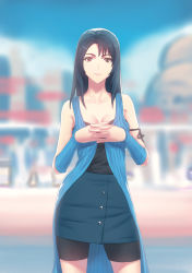 Rule 34 | 1990s (style), 1girl, bad id, bad pixiv id, bare shoulders, bike shorts, black hair, blurry, breasts, brown eyes, buttons, cleavage, day, depth of field, detached sleeves, fateline alpha, final fantasy, final fantasy viii, highres, long hair, medium breasts, rinoa heartilly, smile, solo, thighs