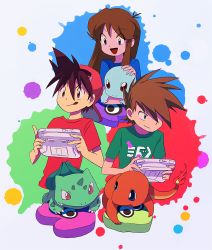 Rule 34 | 1girl, 2boys, :p, bad id, bad tumblr id, blue oak, blue oak (pokemon rgby), bulbasaur, character doll, charmander, creatures (company), cushion, flame-tipped tail, game console, game freak, gen 1 pokemon, green (pokemon), katou (osoraku), multiple boys, nintendo, paint splatter, playing games, pokemon, pokemon (creature), pokemon adventures, red (pokemon), shirt, sorobochi, splatoon (series), splatoon 1, splatter, squirtle, starter pokemon trio, t-shirt, tongue, tongue out, wii u