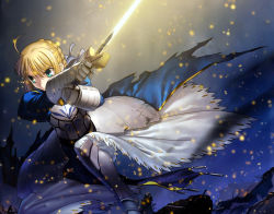 Rule 34 | 00s, 1girl, ahoge, aqua eyes, armor, armored dress, artoria pendragon (fate), blonde hair, detexted, dress, embers, excalibur (fate/stay night), fate/hollow ataraxia, fate/stay night, fate (series), game cg, gauntlets, greaves, highres, saber (fate), scan, solo, sword, takeuchi takashi, third-party edit, weapon