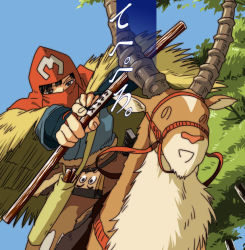 Rule 34 | 1990s (style), @ @, aiming, aiming at viewer, arrow (projectile), ashitaka, bow (weapon), brown hair, covered mouth, day, drawing bow, holding, holding bow (weapon), holding weapon, idolmaster, layered sleeves, long sleeves, male focus, mononoke hime, mori (unknown.), nonowa, outdoors, plant, retro artstyle, riding, short over long sleeves, short sleeves, studio ghibli, v-shaped eyebrows, weapon