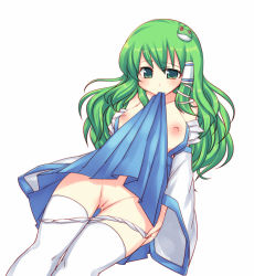 Rule 34 | 1girl, bat wings, blush, breasts, clothes lift, detached sleeves, green eyes, green hair, kochiya sanae, matching hair/eyes, mouth hold, nipples, open clothes, panties, panty pull, pussy, skirt, skirt lift, small breasts, solo, thighhighs, touhou, uncensored, underwear, white background, white thighhighs, wings, yukari yukke