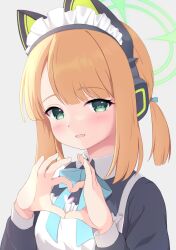 1girl 4-finger_heart_hands animal_ear_headphones animal_ears black_shirt blonde_hair blue_archive blue_ribbon blunt_bangs blush bright_pupils cat_ears close-up commentary_request fake_animal_ears green_eyes green_halo grey_background halo hands_up headphones heart heart_hands heart_in_heart_hands highres long_sleeves looking_at_viewer low_twintails maid maid_headdress medium_hair midori_(blue_archive) midori_(maid)_(blue_archive) official_alternate_costume open_mouth p-man_mk-2 ribbon shirt sidelighting sidelocks simple_background smile solo tsurime twintails