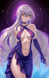 Rule 34 | 1girl, bare shoulders, breasts, bronya rand, cleavage cutout, clothing cutout, criss-cross straps, crossed bangs, dress, drill hair, earrings, elbow gloves, gloves, grey hair, hair between eyes, helloimtea, highres, honkai: star rail, honkai (series), jewelry, large breasts, large earrings, long hair, looking at viewer, no bra, parted lips, sky, solo, star (sky), starry sky, stomach cutout, thighs, twitter logo