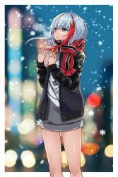 Rule 34 | 1girl, :o, admiral graf spee (azur lane), azur lane, black jacket, blue eyes, blurry, blurry background, blush, box, commentary request, depth of field, fingernails, gift, gift box, grey shirt, hair between eyes, highres, holding, holding gift, jacket, jewelry, long hair, long sleeves, looking away, multicolored hair, nail polish, open clothes, open jacket, osisio, parted lips, red hair, red nails, red scarf, ring, scarf, shirt, silver hair, snowflakes, solo, streaked hair, valentine, wedding band