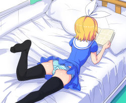 Rule 34 | 1girl, abubu, arm support, bed, black thighhighs, blonde hair, blue dress, book, bow, dress, female focus, from behind, hair bow, hair ornament, hairclip, kagamine rin, leg up, lying, on stomach, panties, pillow, reading, short hair, solo, striped clothes, striped panties, thighhighs, underwear, upskirt, vocaloid