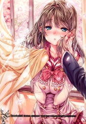 Rule 34 | 1girl, blue eyes, blush, brown hair, cherry blossoms, curtain grab, curtains, hand on another&#039;s face, highres, kink (tortoiseshell), non-web source, open window, original, petals, pov, pov hands, scan, school uniform, solo focus, sunlight, tears, window