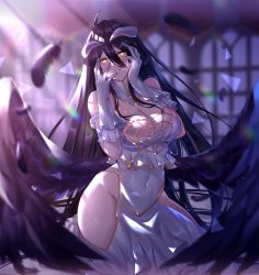 Rule 34 | albedo (overlord), black feathers, black wings, breasts, cleavage, covered navel, demon girl, demon horns, demon wings, detached collar, dress, falling feathers, feathered wings, feathers, fingers to cheeks, gloves, grin, hair between eyes, heart, heart-shaped pupils, heiyan shenshi, highres, hip focus, hip vent, horns, indoors, jewelry, large breasts, long hair, low wings, necklace, overlord (maruyama), smile, solo, symbol-shaped pupils, thighs, very long hair, white dress, white gloves, wings, yellow eyes