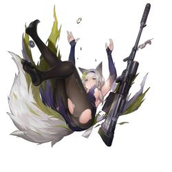 Rule 34 | 1girl, animal ears, anti-materiel rifle, arms up, bare shoulders, black pantyhose, blue dress, blue hairband, bolt-action rifle, bolt action, breasts, bullpup, damaged, dress, drone, elbow gloves, falling, fingerless gloves, from side, full body, girls&#039; frontline, gloves, green eyes, grey hair, gun, hair between eyes, hair ornament, hairband, jewelry, ksvk (girls&#039; frontline), ksvk 12.7, large breasts, looking up, mod3 (girls&#039; frontline), official alternate costume, official art, pandea work, pantyhose, rifle, ring, scope, short hair, sniper rifle, solo, tail, thighs, torn clothes, torn dress, torn pantyhose, transparent background, weapon