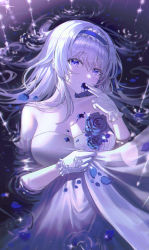 Rule 34 | 1girl, blush, breasts, cleavage, dress, flower, gloves, hairband, highres, large breasts, long hair, looking at viewer, momimi, original, partially submerged, petals, wedding dress, white gloves, white hair