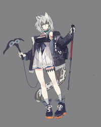 Rule 34 | 1girl, animal ear fluff, animal ears, arknights, backpack, bag, bare shoulders, black footwear, black jacket, boots, breasts, cliffheart (arknights), dress, echj, eyebrows hidden by hair, full body, grey background, grey eyes, grey hair, hair between eyes, highres, holding, holding weapon, jacket, kusarigama, leopard ears, leopard girl, leopard tail, long sleeves, medium breasts, off shoulder, official alternate costume, open clothes, open jacket, sickle, simple background, sketch, sleeveless, sleeveless dress, solo, standing, tail, weapon, white dress