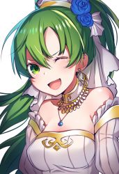 Rule 34 | 1girl, bad id, bad twitter id, bare shoulders, blue flower, bride, dress, earrings, fire emblem, fire emblem: the blazing blade, fire emblem heroes, flower, green eyes, green hair, hair flower, hair ornament, highres, jewelry, long hair, lyn (bridal) (fire emblem), lyn (fire emblem), necklace, nintendo, official alternate costume, one eye closed, open mouth, ponytail, ringozaka mariko, simple background, solo, strapless, strapless dress, wedding dress, white background, white dress