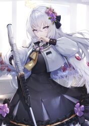 Rule 34 | 1girl, absurdres, assault rifle, azusa (blue archive), black dress, black sailor collar, blue archive, closed mouth, day, dress, feathered wings, flower, frilled dress, frills, grey hair, grey wings, gun, hair flower, hair ornament, halo, hand up, highres, holding, holding gun, holding weapon, indoors, jacket, long hair, long sleeves, looking at viewer, m4 carbine, nekoya (liu), pink eyes, pink flower, puffy long sleeves, puffy sleeves, purple flower, rifle, sailor collar, signature, solo, sunlight, very long hair, weapon, white jacket, window, wings