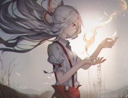 Rule 34 | 1girl, a maru, arm belt, artist name, bad id, bad pixiv id, baggy pants, bare tree, blurry, bow, breasts, chromatic aberration, closed mouth, collared shirt, commentary request, depth of field, fire, floating hair, from side, fujiwara no mokou, grey sky, hair bow, hands up, highres, huge filesize, long hair, ofuda, pants, profile, puffy short sleeves, puffy sleeves, red eyes, red pants, revision, shirt, short sleeves, silver hair, sky, small breasts, solo, sparks, suspenders, torn clothes, torn sleeves, touhou, tree, upper body, very long hair, white bow, white shirt, wing collar