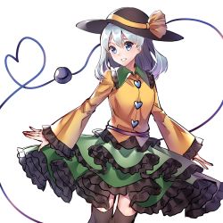 Rule 34 | 1girl, :d, bad id, bad pixiv id, black hat, blue eyes, buttons, cleavage cutout, clothing cutout, dark jewel (gem oblivion), frilled skirt, frilled sleeves, frills, green skirt, hat, hat ribbon, heart, heart button, heart of string, highres, komeiji koishi, long sleeves, medium hair, open mouth, ribbon, shirt, silver hair, simple background, sketch, skirt, smile, solo, third eye, touhou, white background, wide sleeves, yellow shirt
