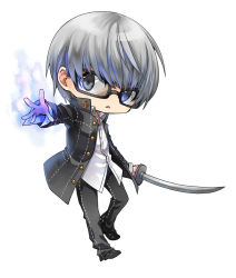 Rule 34 | 1boy, argent-ag, atlus, bad id, bad pixiv id, blue fire, chibi, fire, glasses, grey eyes, grey hair, houndstooth, katana, male focus, narukami yuu, persona, persona 4, school uniform, simple background, solo, sword, weapon, white background