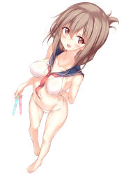 Rule 34 | 1girl, absurdres, aged up, alternate costume, bad id, bad nicoseiga id, barefoot, bikini, blush, breasts, brown eyes, brown hair, feet, folded ponytail, full body, hair between eyes, highres, inazuma (kancolle), kantai collection, large breasts, long hair, looking up, neckerchief, numpopo, open mouth, red neckerchief, school uniform, serafuku, simple background, solo, swimsuit, white background