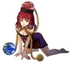 Rule 34 | 1girl, all fours, bare shoulders, barefoot, black shirt, breasts, chain, cleavage, clothes writing, collar, earth (ornament), gold chain, hat, hecatia lapislazuli, long hair, moon (ornament), off-shoulder shirt, off shoulder, open mouth, parted lips, red eyes, red hair, shirt, skirt, smile, solo, t-shirt, touhou, urin