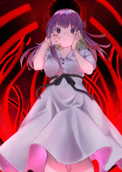 Rule 34 | 1girl, absurdres, breasts, commentary request, dress, facing viewer, fate/stay night, fate (series), hair ribbon, hands on own face, hands up, highres, looking at viewer, matou sakura, medium breasts, official alternate costume, parted lips, puffy short sleeves, puffy sleeves, purple eyes, purple hair, red ribbon, ribbon, short sleeves, solo, takubon, white dress