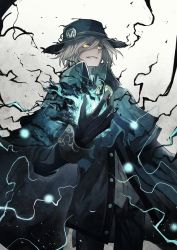 Rule 34 | 1boy, black gloves, black jacket, black pants, brown hair, cape, commentary request, edmond dantes (fate), electricity, fate/grand order, fate (series), gloves, glowing, glowing eyes, green cape, green hat, grin, hair between eyes, hand up, hat, jacket, looking at viewer, male focus, open clothes, open jacket, pants, parted lips, sanshouuo, shaded face, shirt, smile, solo, white shirt, yellow eyes