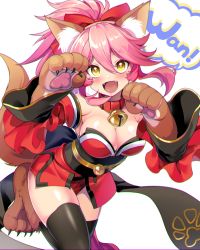 Rule 34 | 1girl, :d, animal ear fluff, animal ears, animal hands, bell, black thighhighs, blush, bow, breasts, brown footwear, brown gloves, cleavage, collar, fangs, fate/grand order, fate (series), floating hair, fox ears, fox tail, gloves, hair between eyes, hair bow, hakka (88hk88), highres, japanese clothes, kimono, large breasts, leg up, looking at viewer, neck bell, obi, open mouth, paw gloves, paw shoes, pink hair, ponytail, red bow, red kimono, sash, shoes, short kimono, sleeveless, sleeveless kimono, smile, solo, standing, standing on one leg, tail, tamamo (fate), tamamo cat (first ascension) (fate), thighhighs, thought bubble, white background, yellow eyes, zettai ryouiki