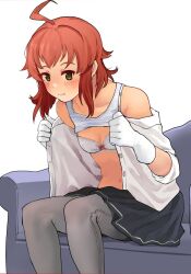 Rule 34 | 1girl, ahoge, arashi (kancolle), black skirt, bra, breasts, brown eyes, camisole, camisole lift, clothes lift, collared shirt, couch, dress shirt, feet out of frame, grey pantyhose, kantai collection, leaning forward, medium hair, messy hair, open clothes, open shirt, pantyhose, red hair, shirt, simple background, skirt, small breasts, solo, tooku nomura (artist), underwear, undressing, white background, white bra, white camisole, white shirt